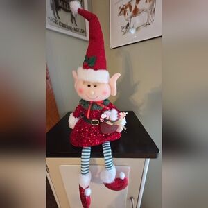 Jolly Girl Elf Plush Shelf Sitter Red Sequin Dress Candy Canes 23" NEW
